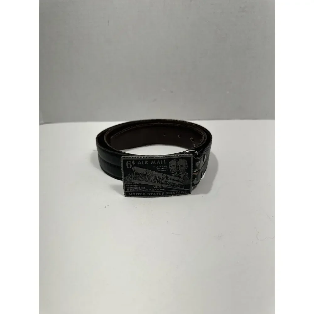 6 Cents‎ Air Mail US Postage Stamp Pewter Belt Buckle Argentina Leather Belt 38